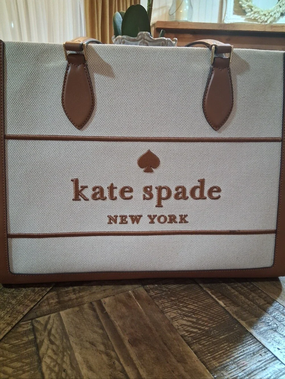 kate spade Canvas Tote in Cream and Tan with Logo